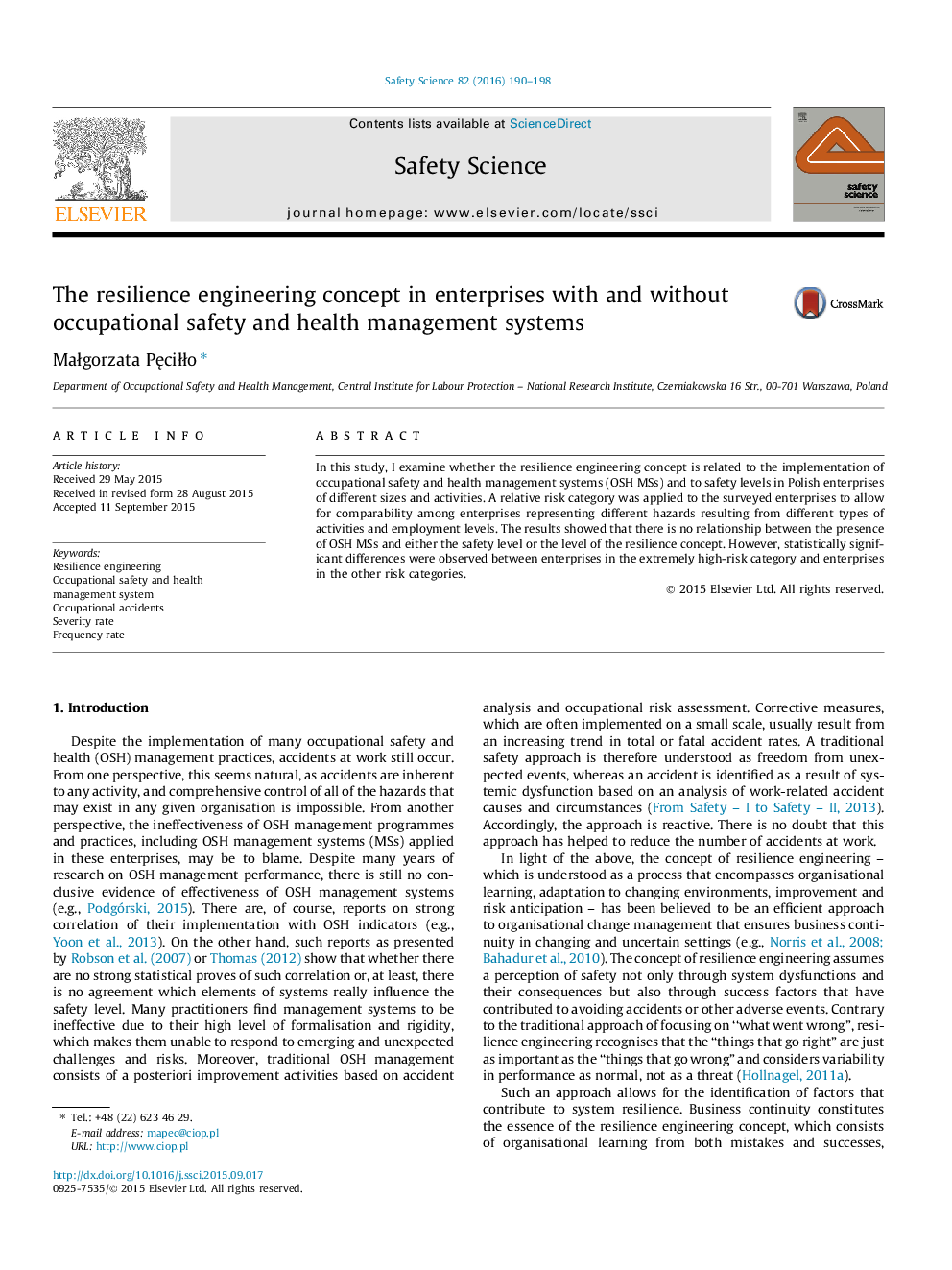 The resilience engineering concept in enterprises with and without occupational safety and health management systems