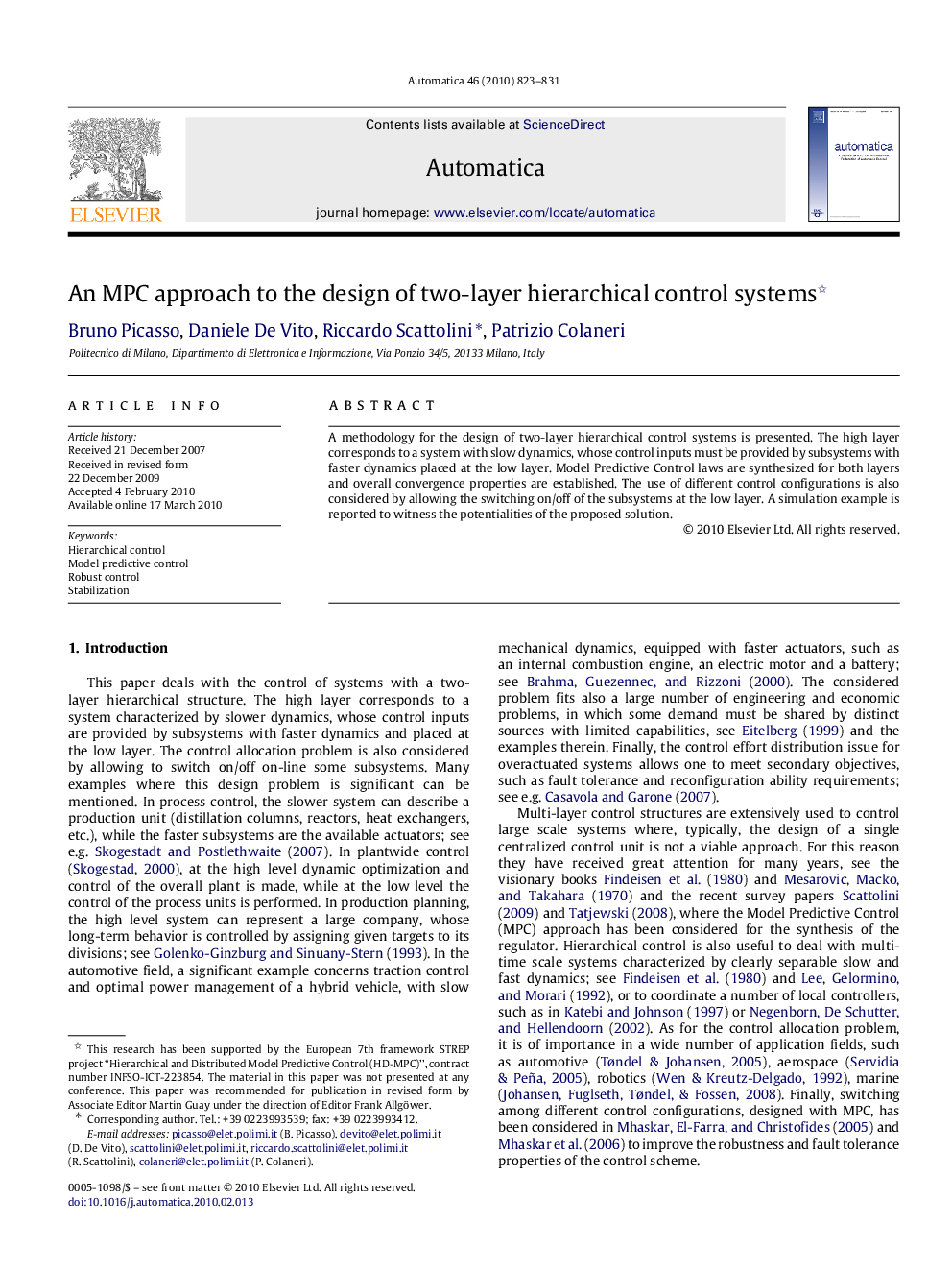 An MPC approach to the design of two-layer hierarchical control systems 