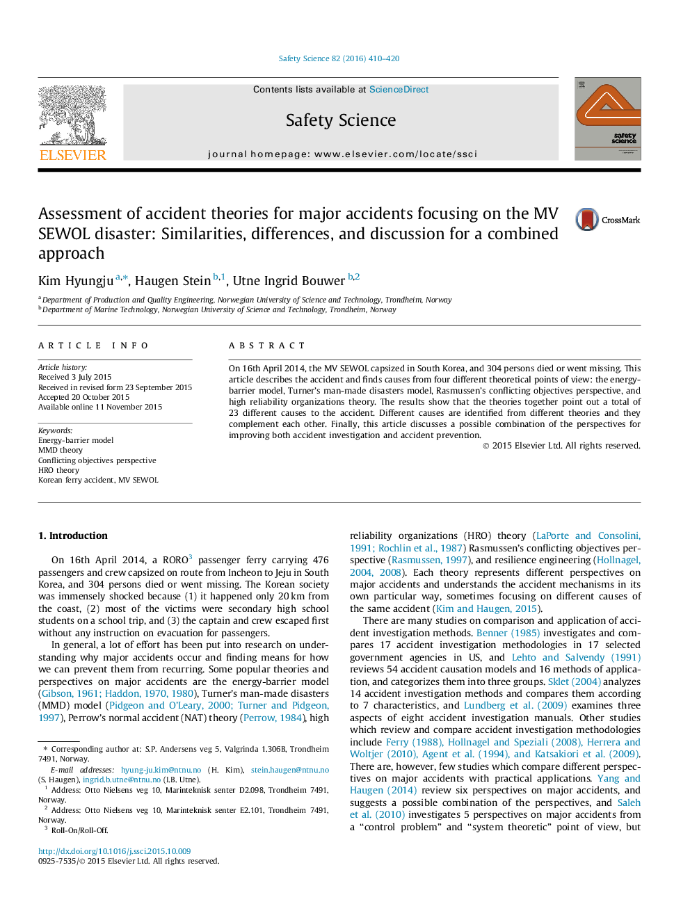 Assessment of accident theories for major accidents focusing on the MV SEWOL disaster: Similarities, differences, and discussion for a combined approach