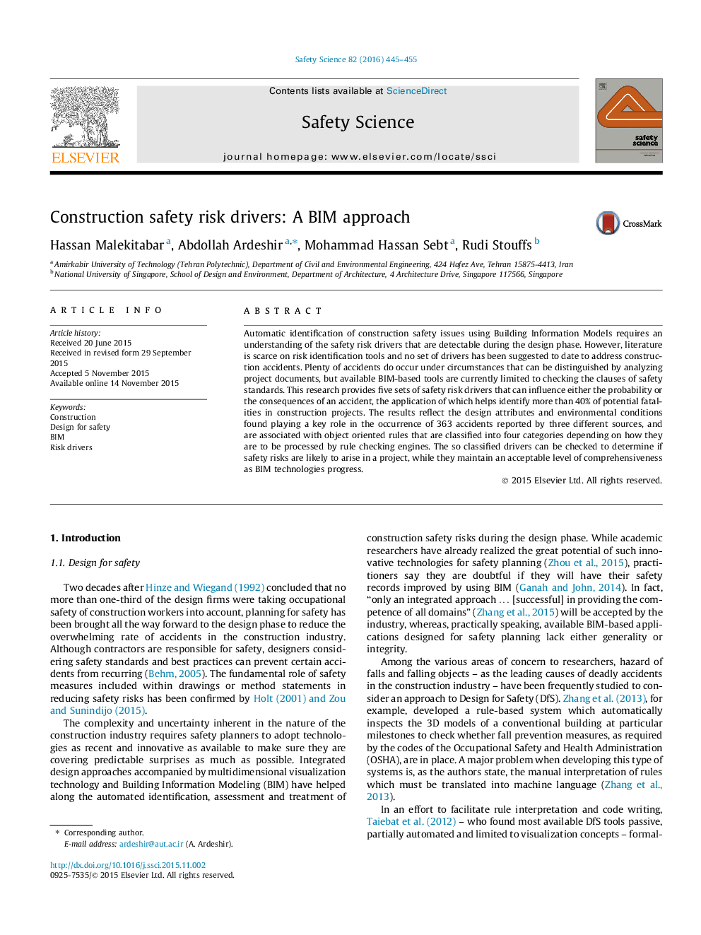 Construction safety risk drivers: A BIM approach