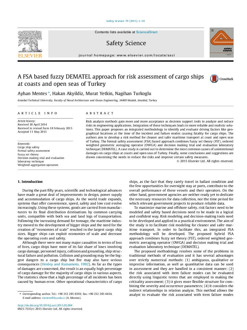 A FSA based fuzzy DEMATEL approach for risk assessment of cargo ships at coasts and open seas of Turkey