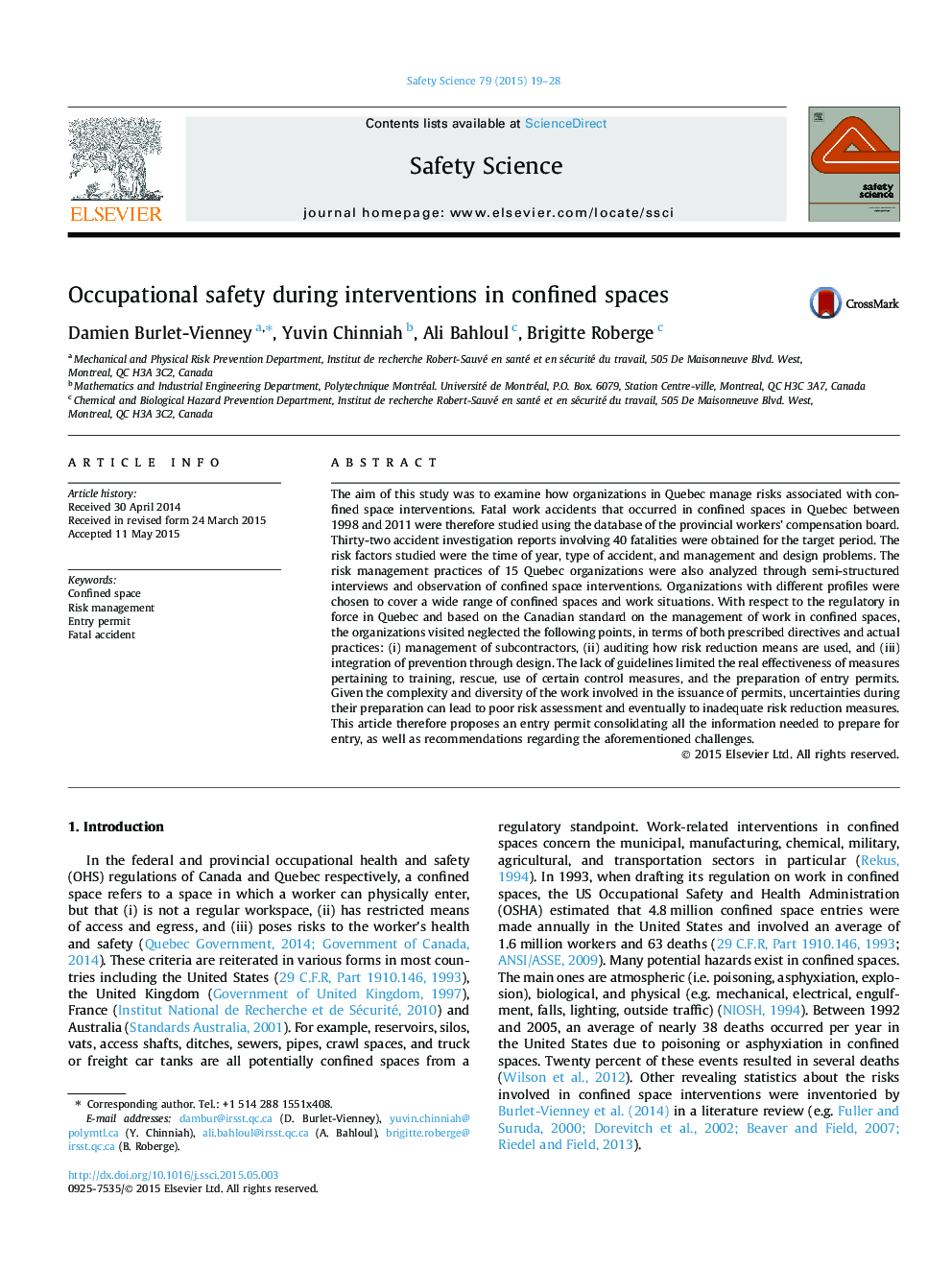 Occupational safety during interventions in confined spaces