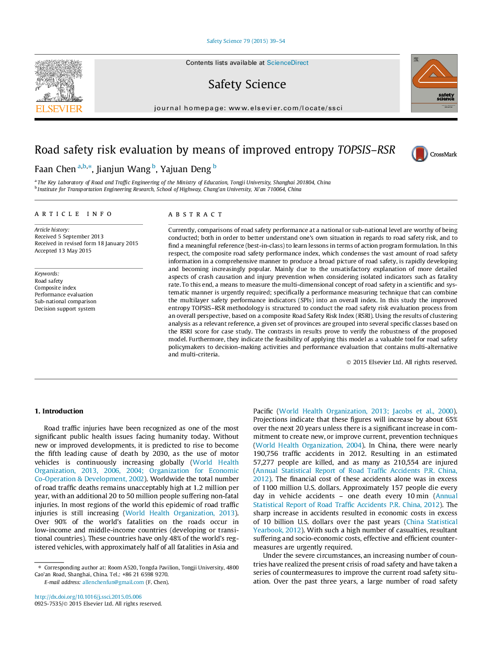 Road safety risk evaluation by means of improved entropy TOPSIS-RSR