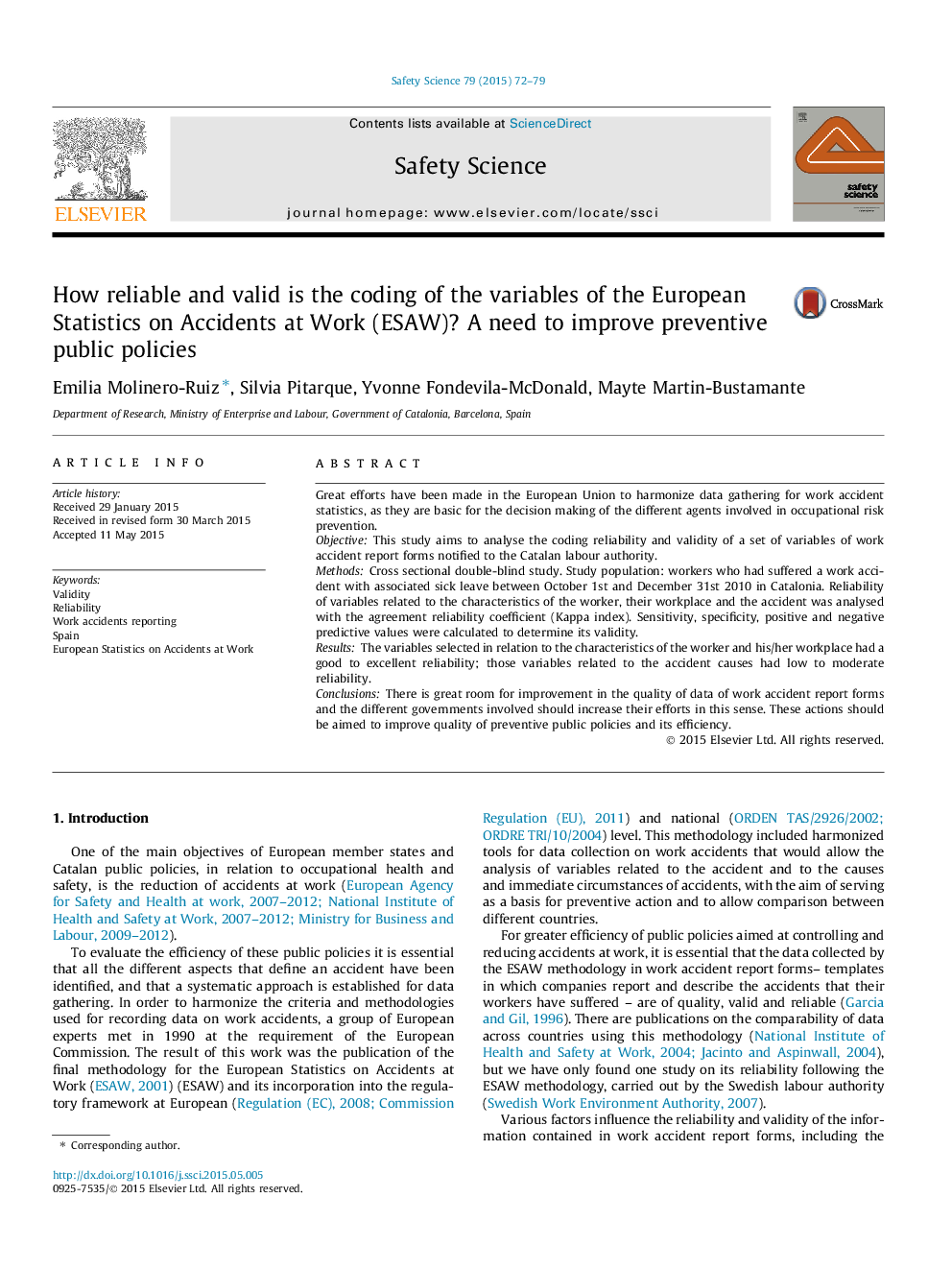 How reliable and valid is the coding of the variables of the European Statistics on Accidents at Work (ESAW)? A need to improve preventive public policies