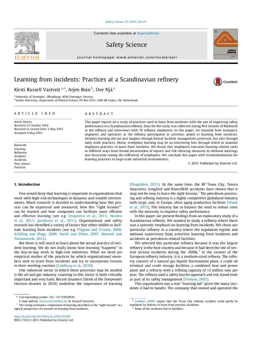 Learning from incidents: Practices at a Scandinavian refinery