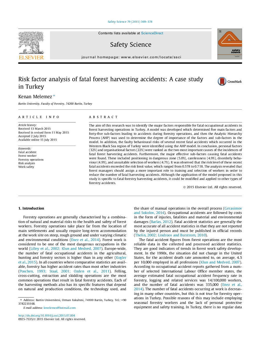 Risk factor analysis of fatal forest harvesting accidents: A case study in Turkey