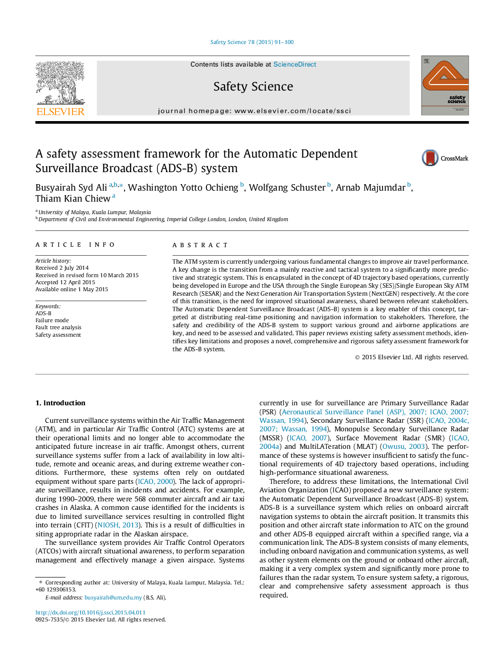 A safety assessment framework for the Automatic Dependent Surveillance Broadcast (ADS-B) system