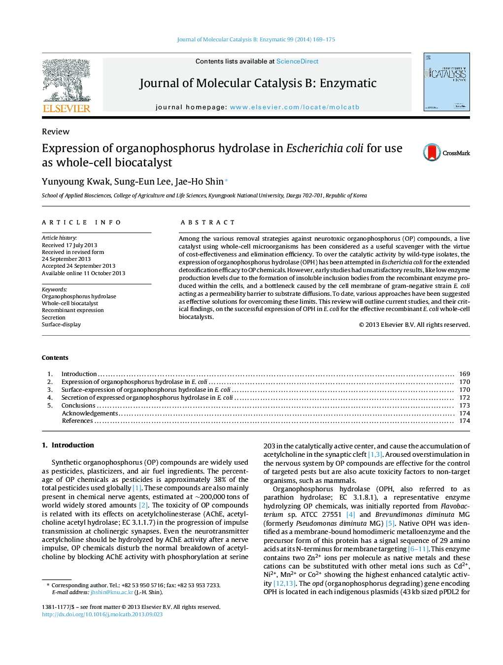 Expression of organophosphorus hydrolase in Escherichia coli for use as whole-cell biocatalyst