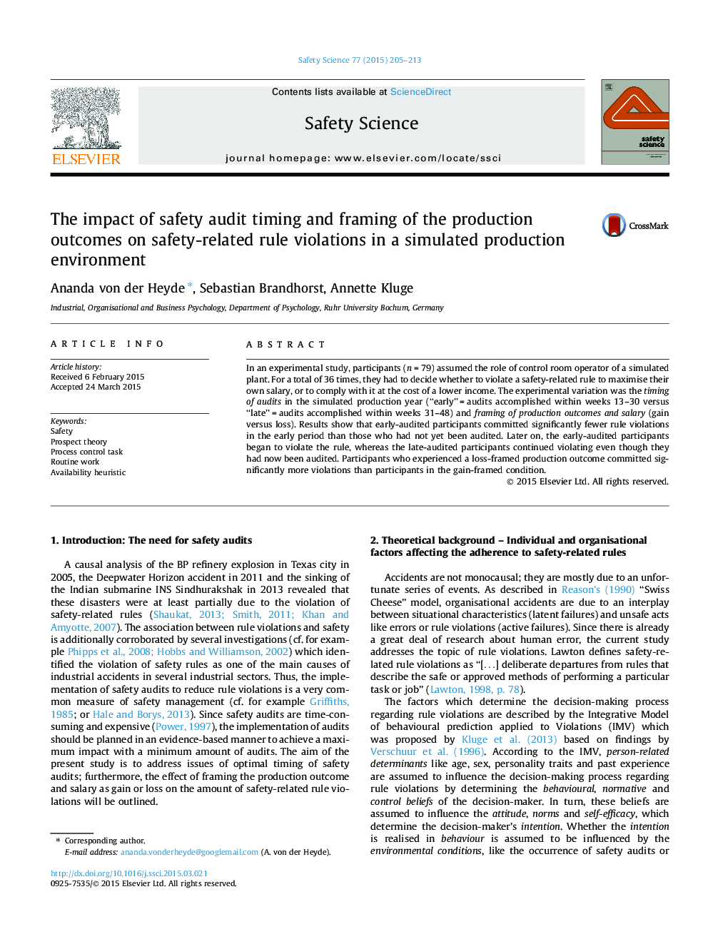The impact of safety audit timing and framing of the production outcomes on safety-related rule violations in a simulated production environment