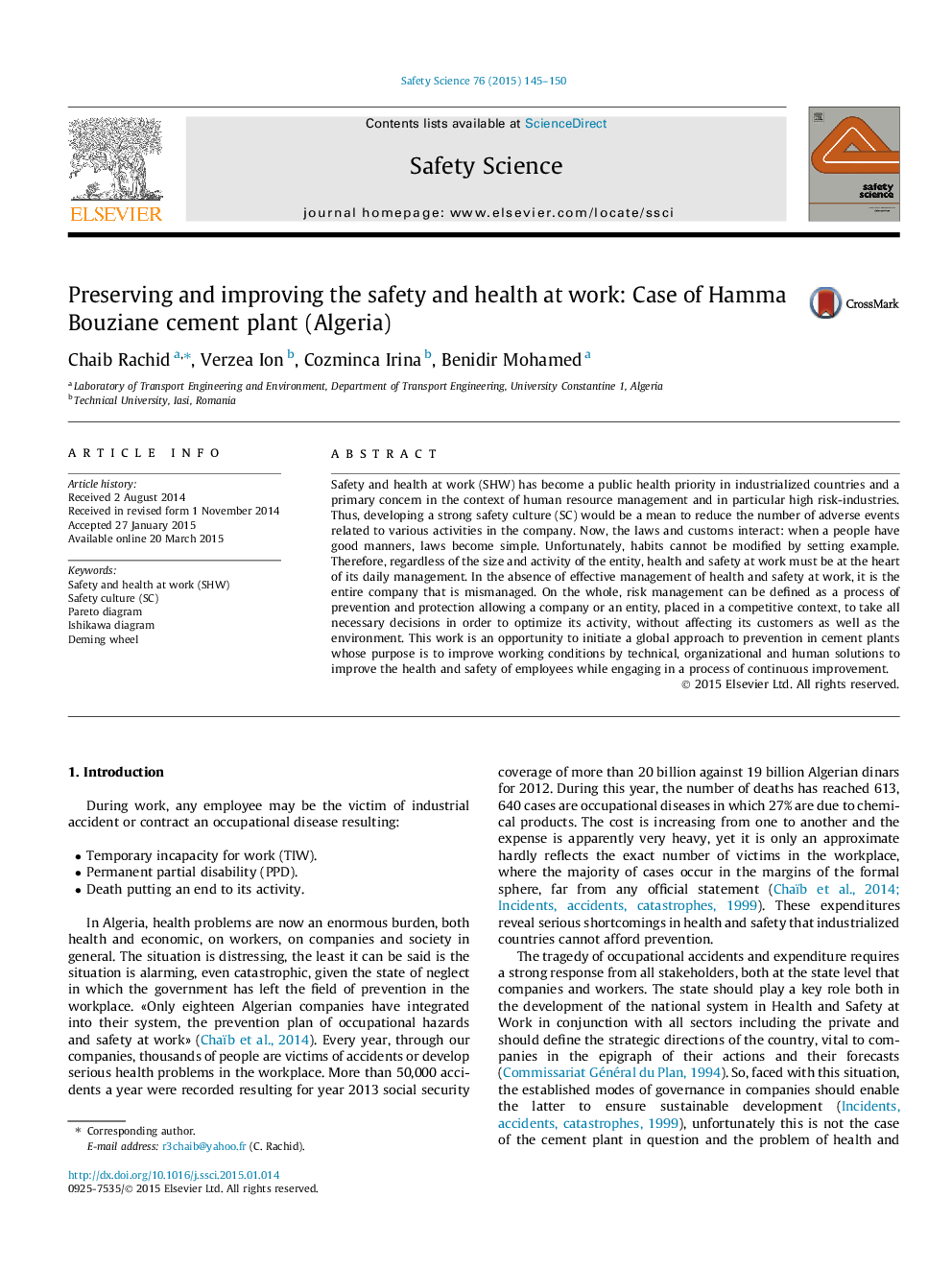 Preserving and improving the safety and health at work: Case of Hamma Bouziane cement plant (Algeria)