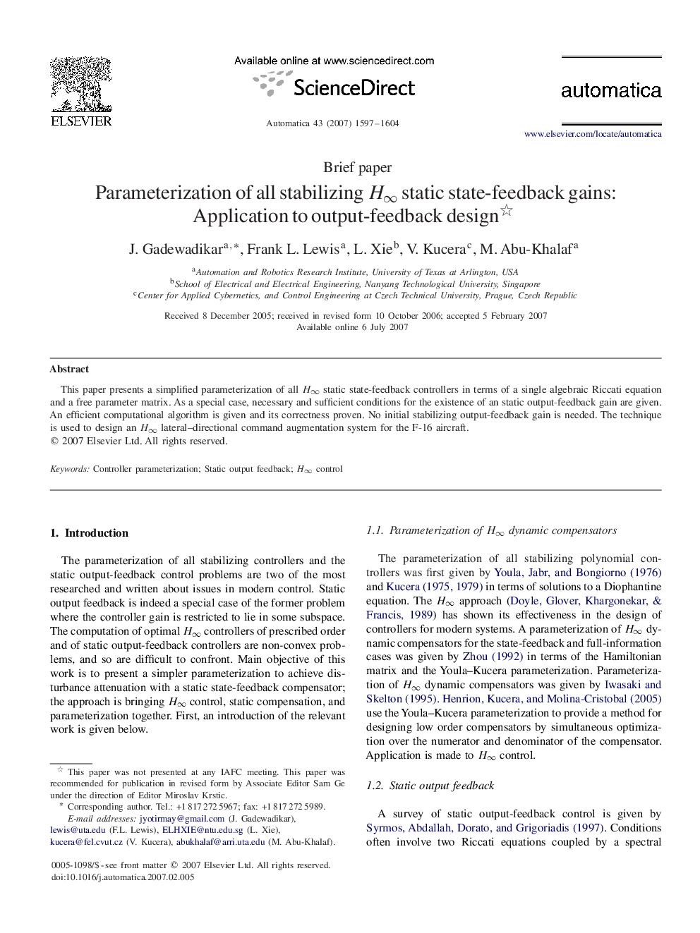 Parameterization of all stabilizing H∞H∞ static state-feedback gains: Application to output-feedback design 