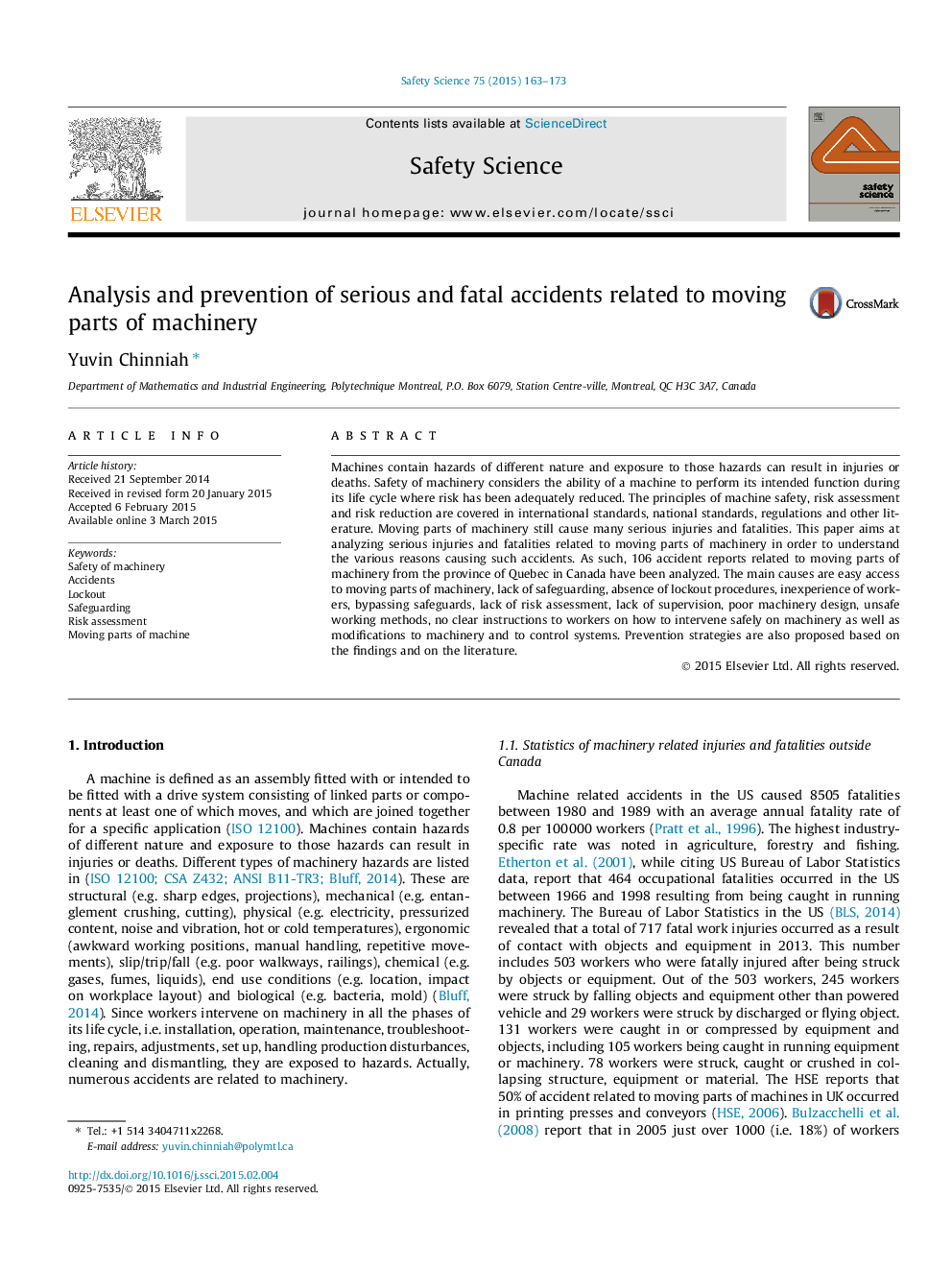 Analysis and prevention of serious and fatal accidents related to moving parts of machinery