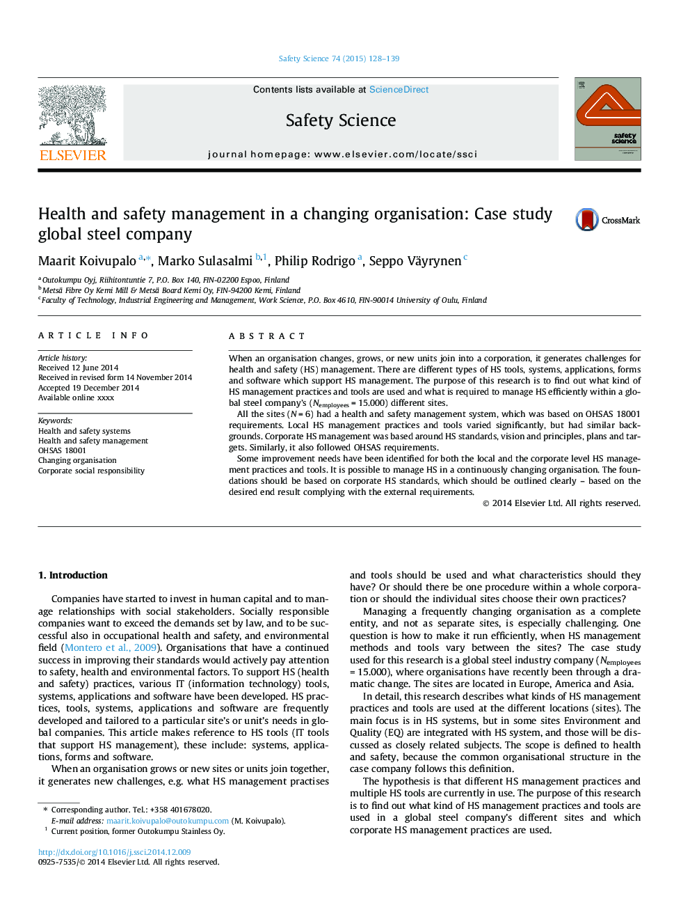 Health and safety management in a changing organisation: Case study global steel company
