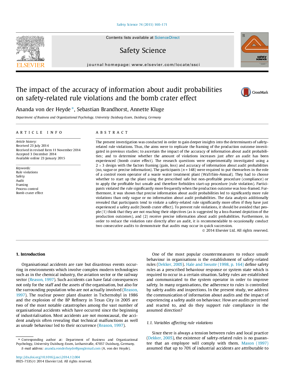 The impact of the accuracy of information about audit probabilities on safety-related rule violations and the bomb crater effect