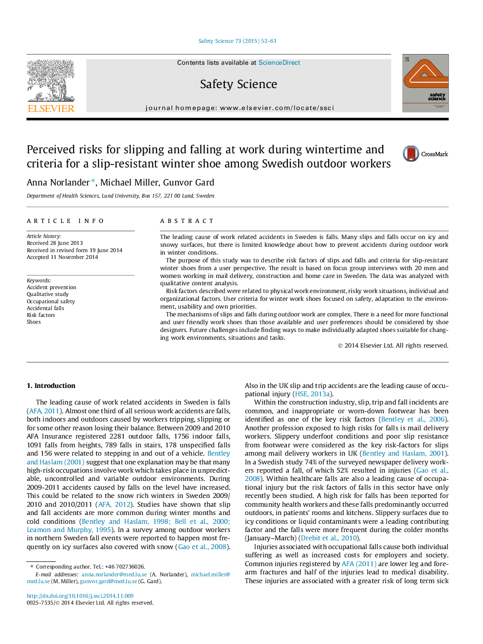 Perceived risks for slipping and falling at work during wintertime and criteria for a slip-resistant winter shoe among Swedish outdoor workers