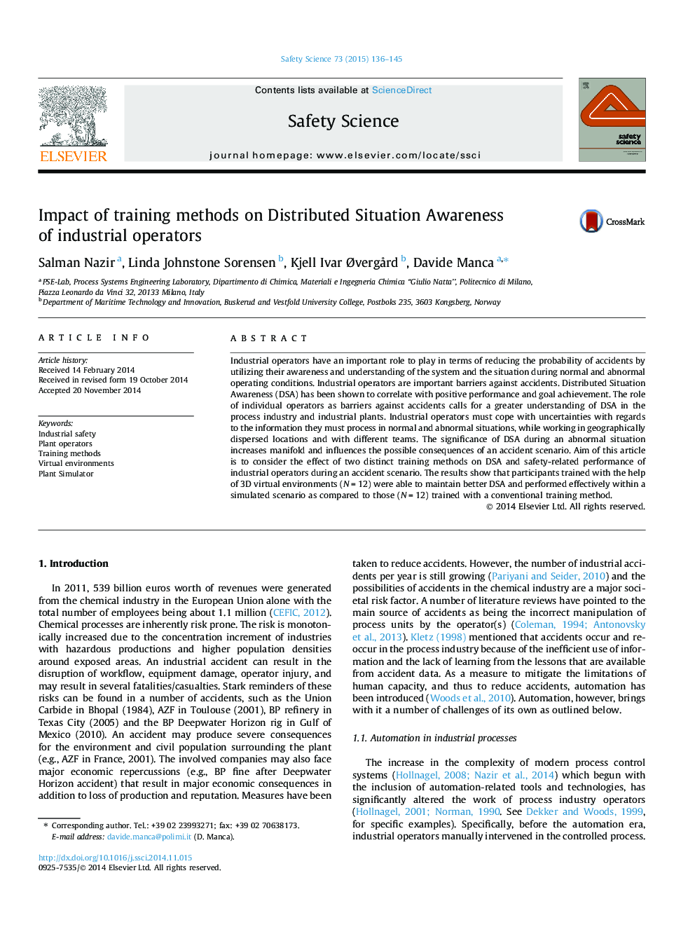 Impact of training methods on Distributed Situation Awareness of industrial operators