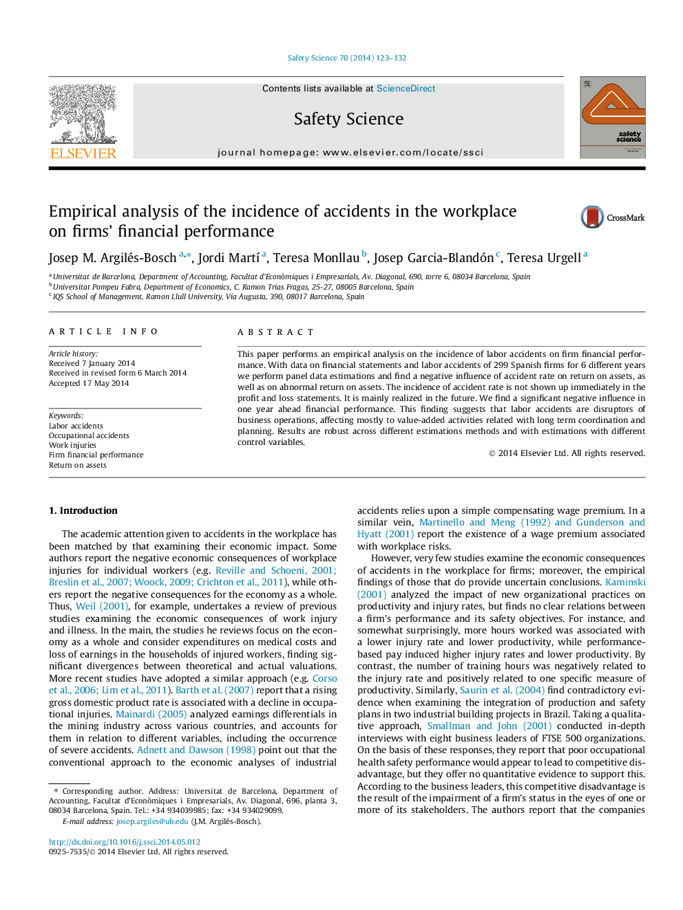 Empirical analysis of the incidence of accidents in the workplace on firms' financial performance