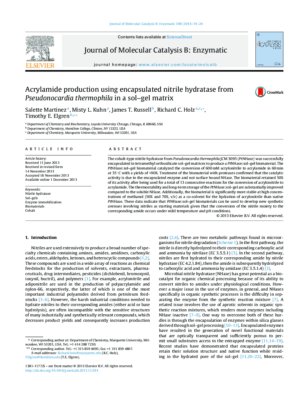 Acrylamide production using encapsulated nitrile hydratase from Pseudonocardia thermophila in a sol–gel matrix