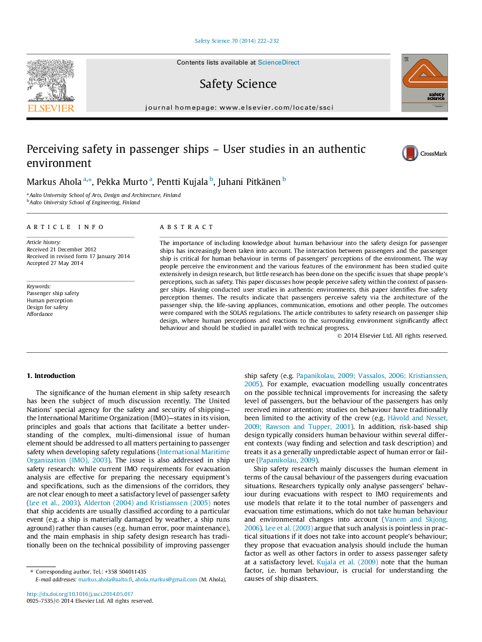 Perceiving safety in passenger ships - User studies in an authentic environment