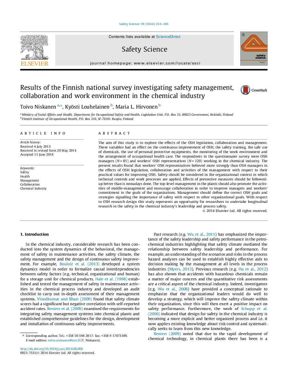 Results of the Finnish national survey investigating safety management, collaboration and work environment in the chemical industry