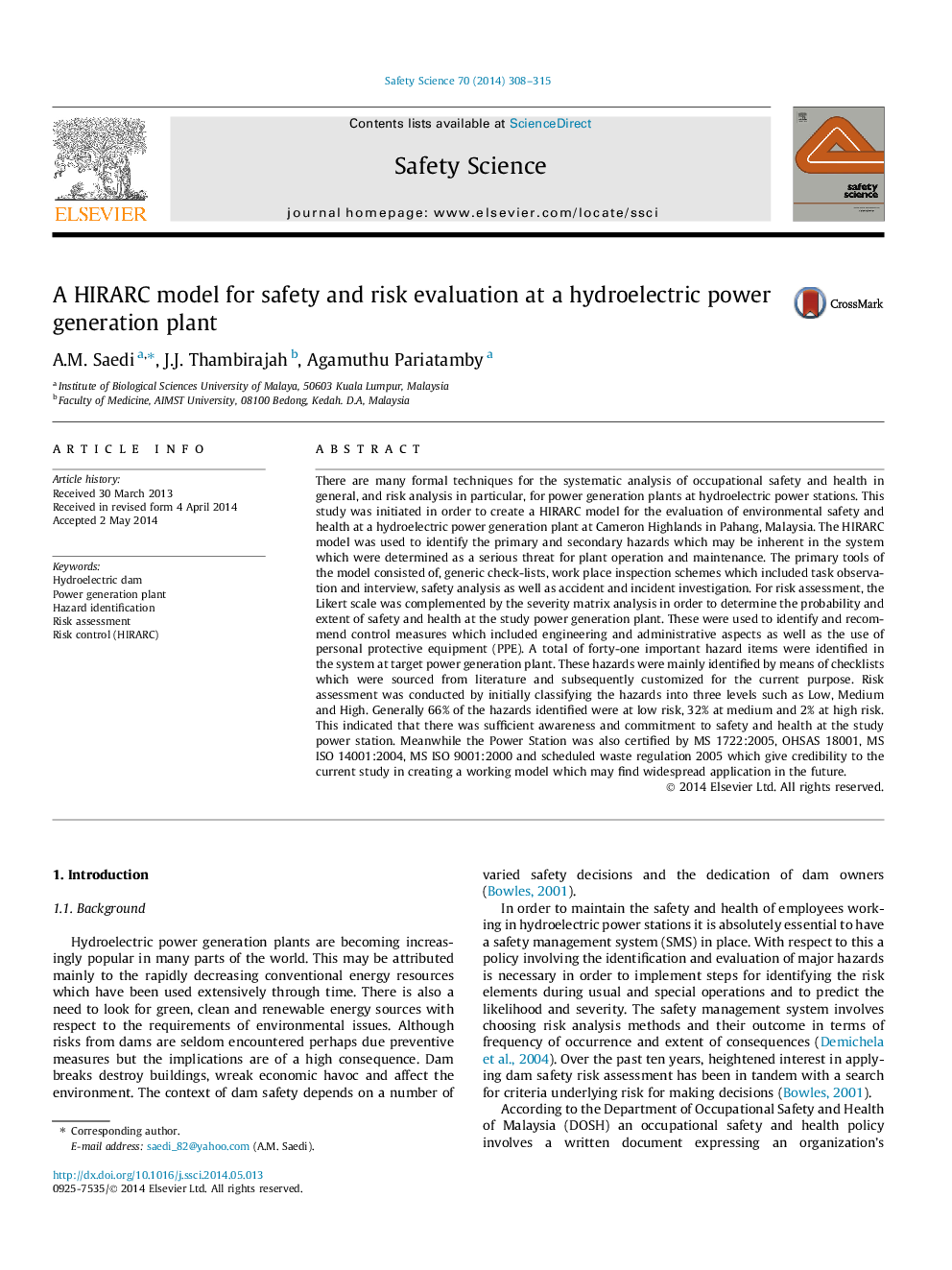 A HIRARC model for safety and risk evaluation at a hydroelectric power generation plant