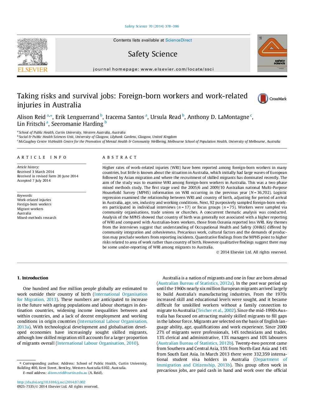 Taking risks and survival jobs: Foreign-born workers and work-related injuries in Australia