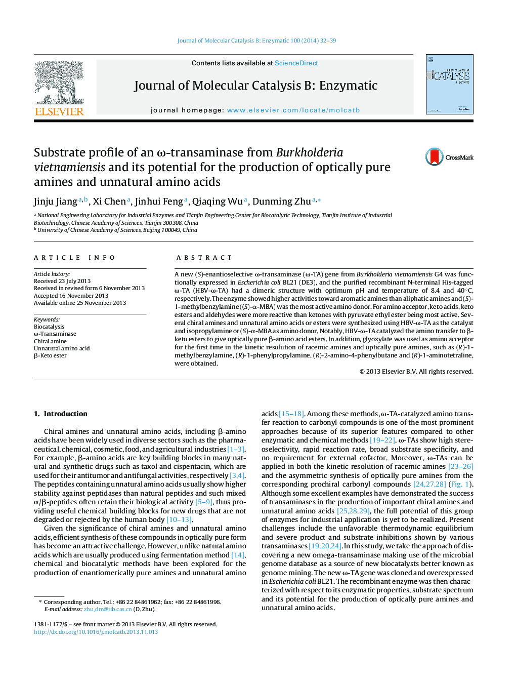 Substrate profile of an ω-transaminase from Burkholderia vietnamiensis and its potential for the production of optically pure amines and unnatural amino acids