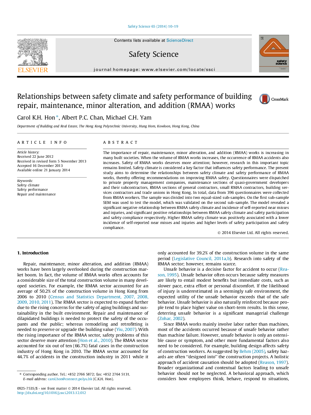 Relationships between safety climate and safety performance of building repair, maintenance, minor alteration, and addition (RMAA) works