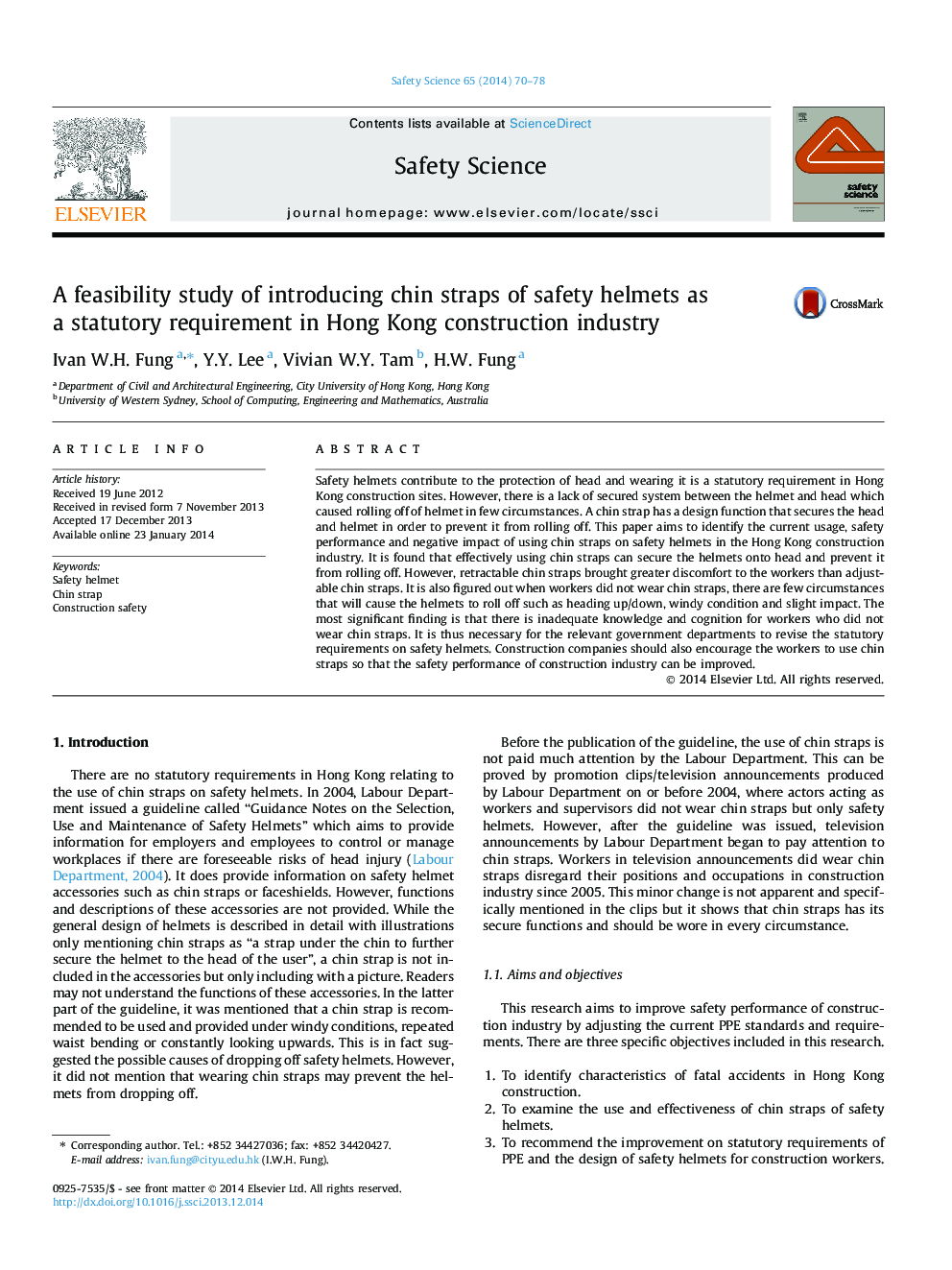 A feasibility study of introducing chin straps of safety helmets as a statutory requirement in Hong Kong construction industry