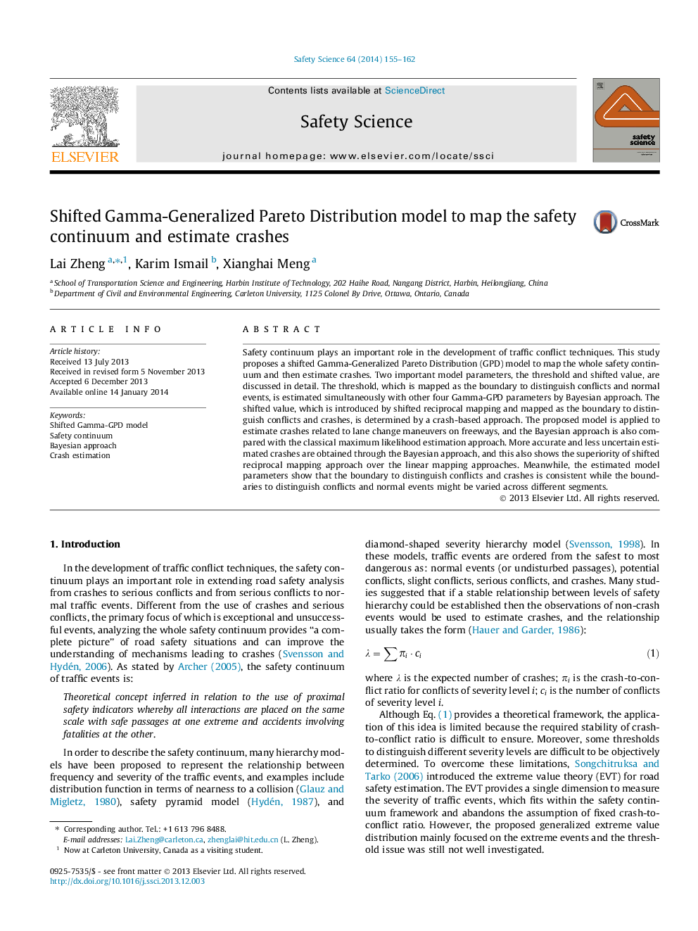 Shifted Gamma-Generalized Pareto Distribution model to map the safety continuum and estimate crashes