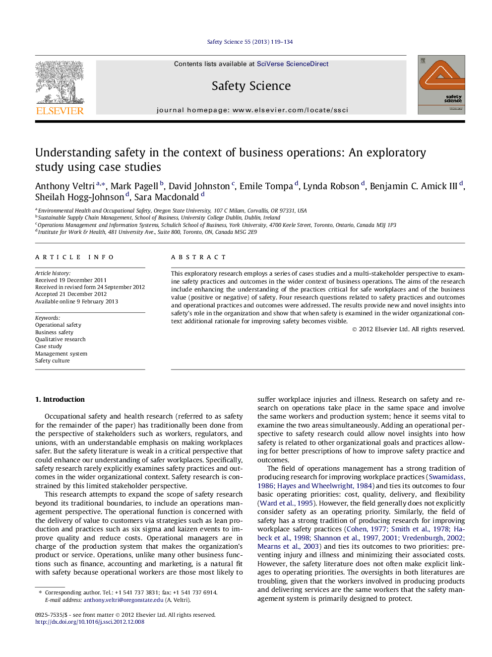 Understanding safety in the context of business operations: An exploratory study using case studies