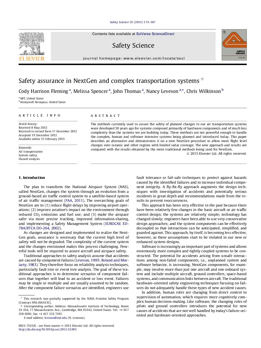 Safety assurance in NextGen and complex transportation systems