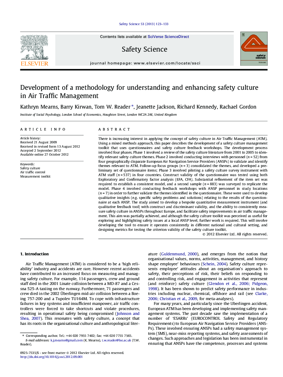 Development of a methodology for understanding and enhancing safety culture in Air Traffic Management