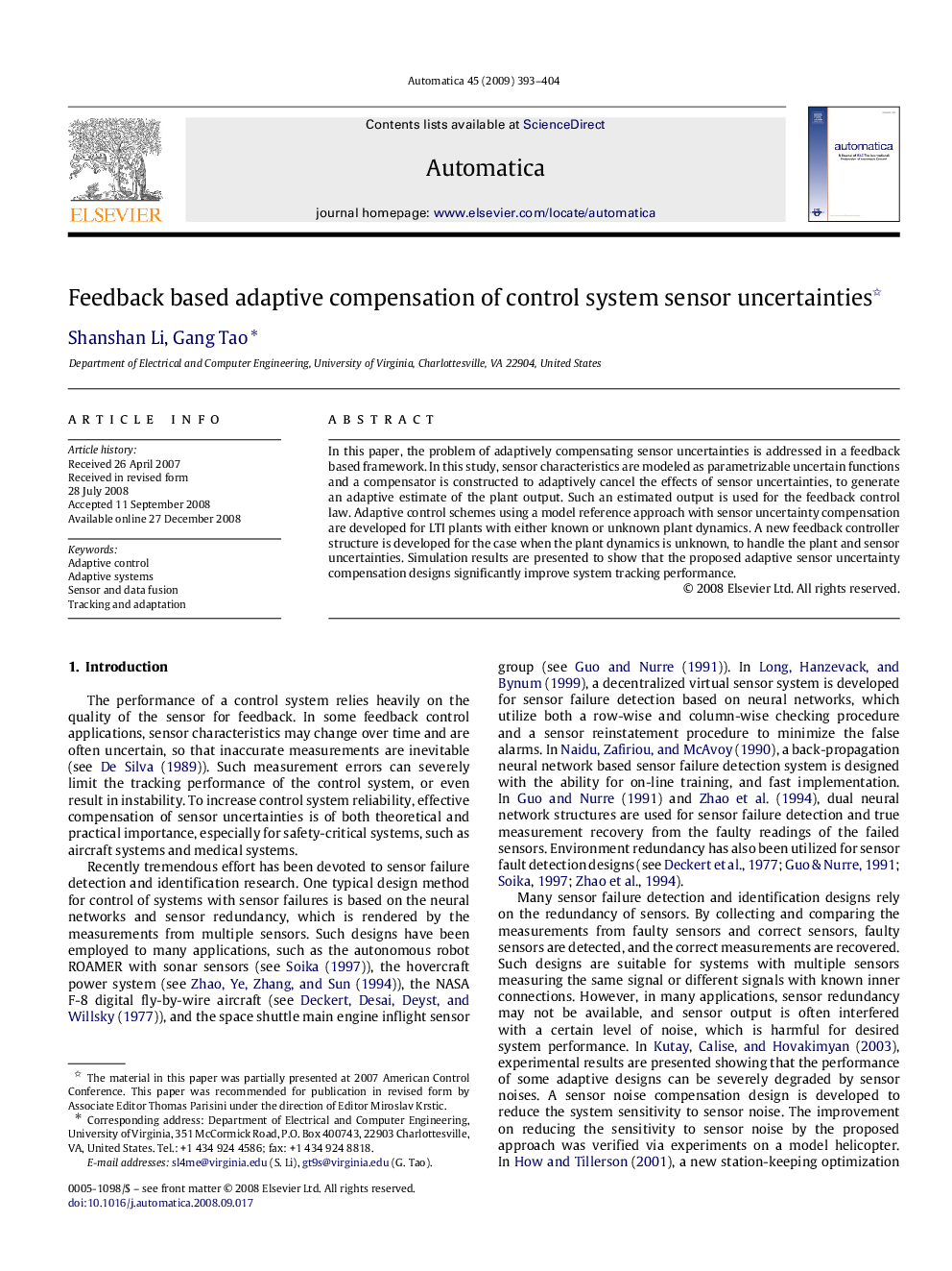 Feedback based adaptive compensation of control system sensor uncertainties 