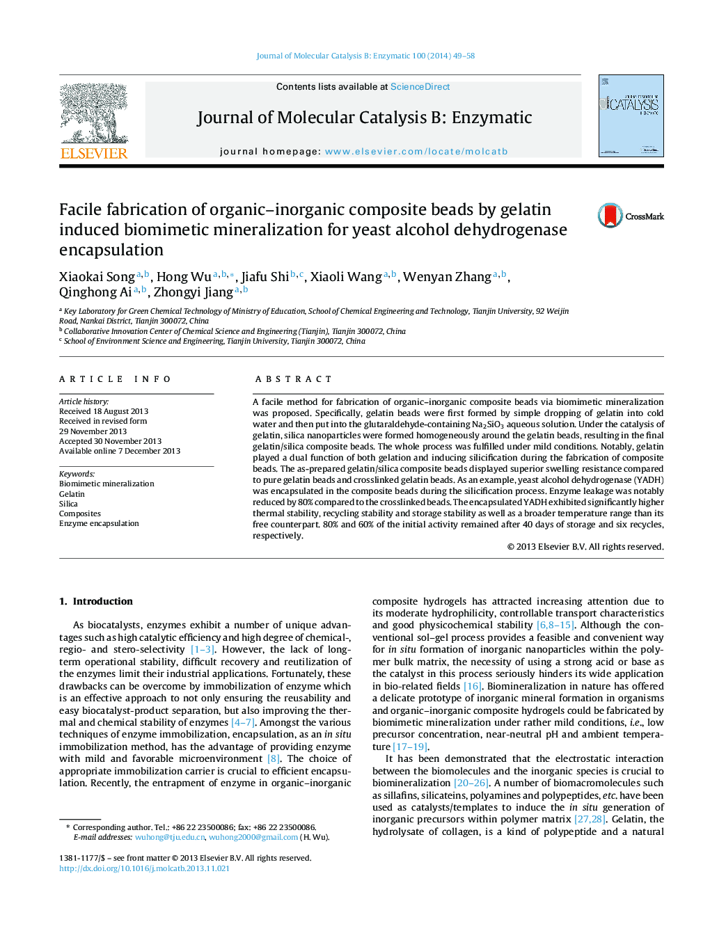 Facile fabrication of organic–inorganic composite beads by gelatin induced biomimetic mineralization for yeast alcohol dehydrogenase encapsulation