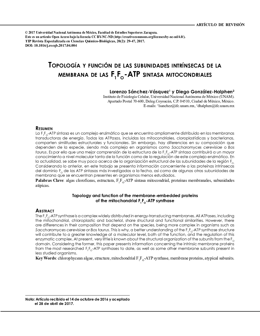 TOPOLOGÍA Y FUNCIÃN DE LAS SUBUNIDADES INTRÍNSECAS DE LA MEMBRANA DE LAS F1FO-ATP SINTASA MITOCONDRIALES