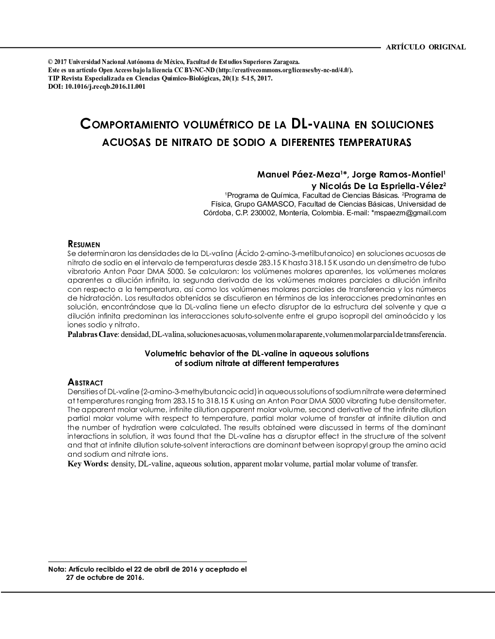 COMPORTAMIENTO VOLUMÃTRICO DE LA DL-VALINA EN SOLUCIONES ACUOSAS DE NITRATO DE SODIO A DIFERENTES TEMPERATURAS