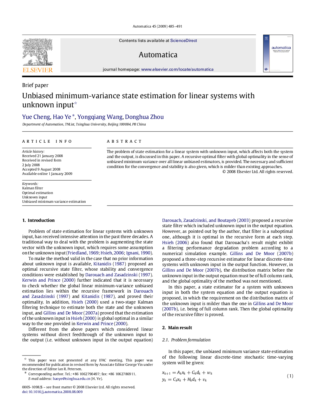 Unbiased minimum-variance state estimation for linear systems with unknown input 