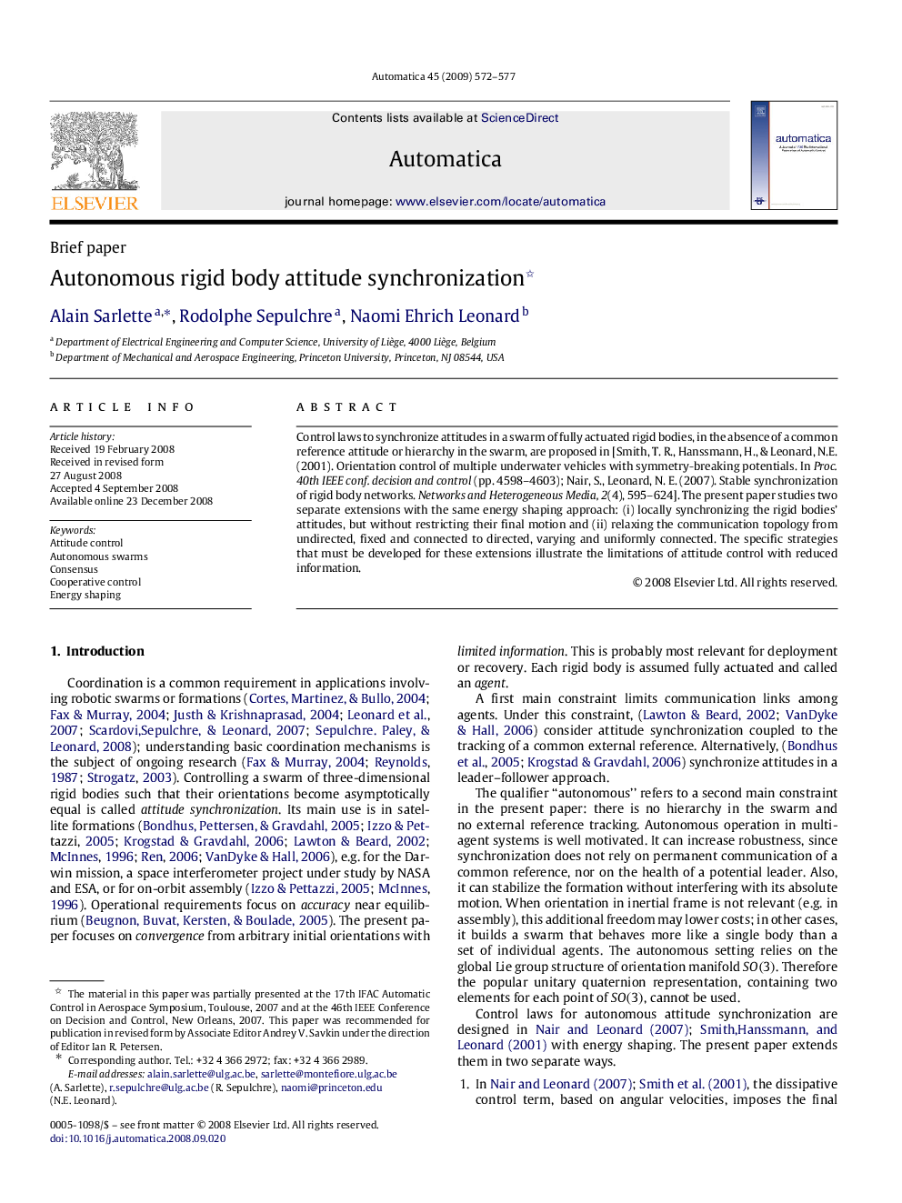 Autonomous rigid body attitude synchronization 