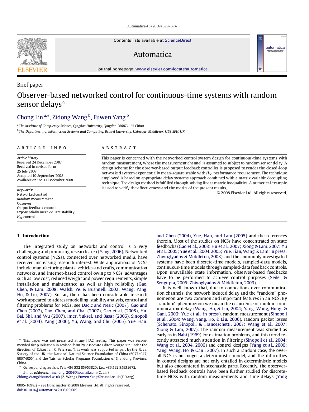 Observer-based networked control for continuous-time systems with random sensor delays 