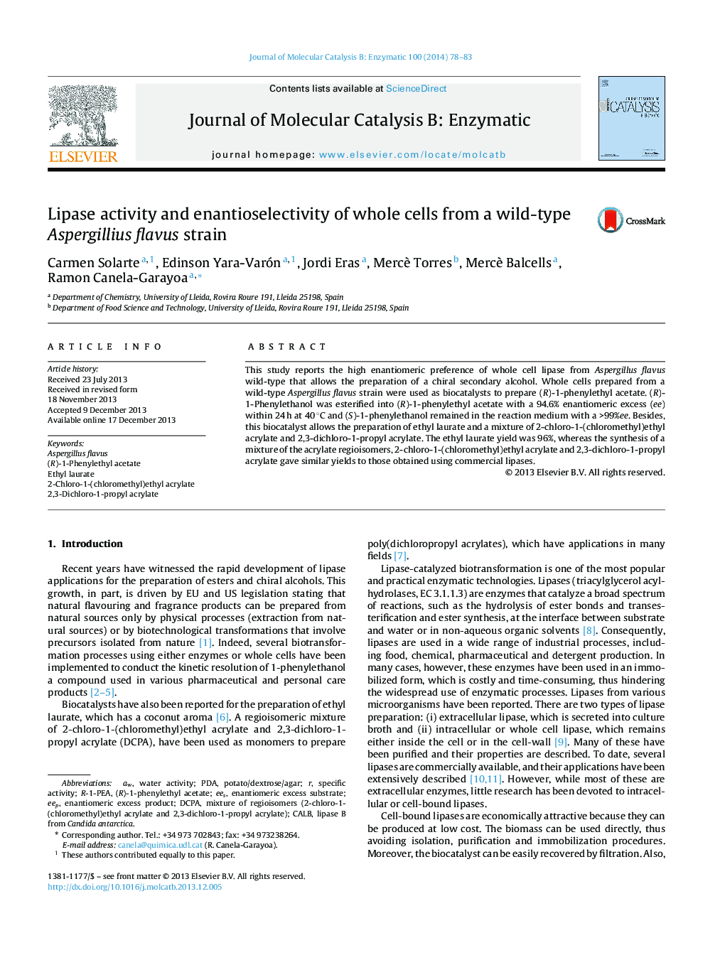 Lipase activity and enantioselectivity of whole cells from a wild-type Aspergillius flavus strain