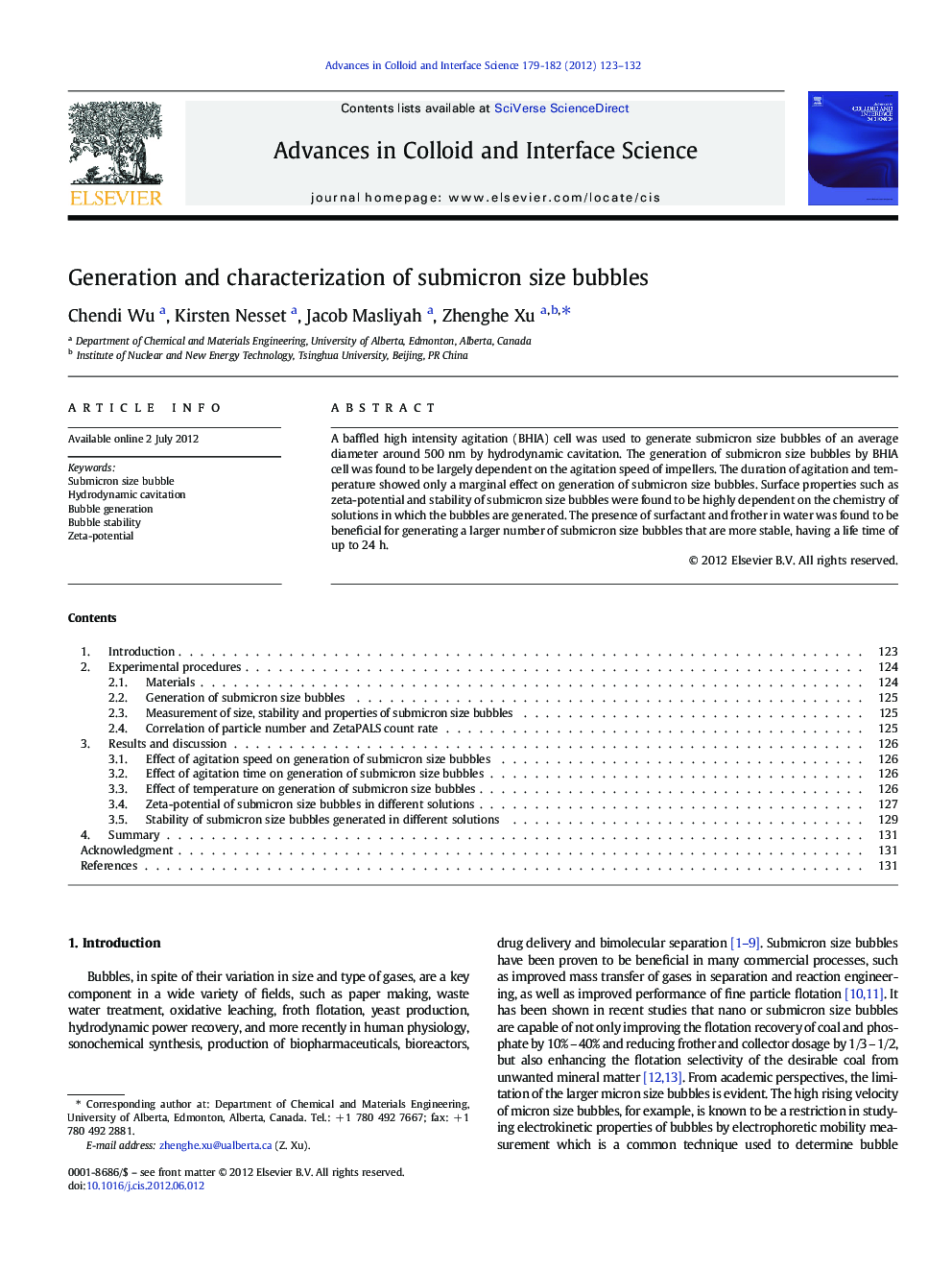 Generation and characterization of submicron size bubbles