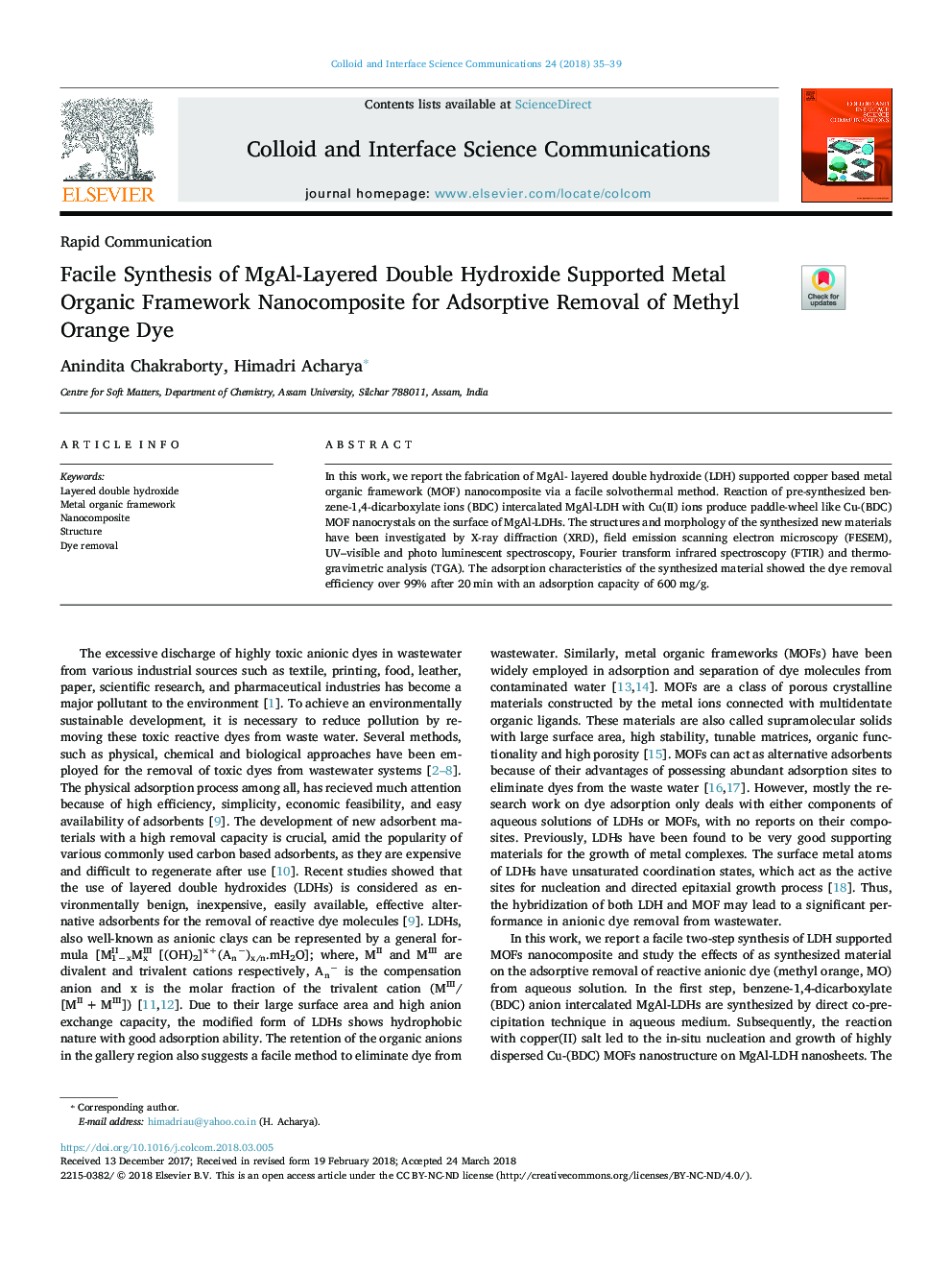 Facile Synthesis of MgAl-Layered Double Hydroxide Supported Metal Organic Framework Nanocomposite for Adsorptive Removal of Methyl Orange Dye