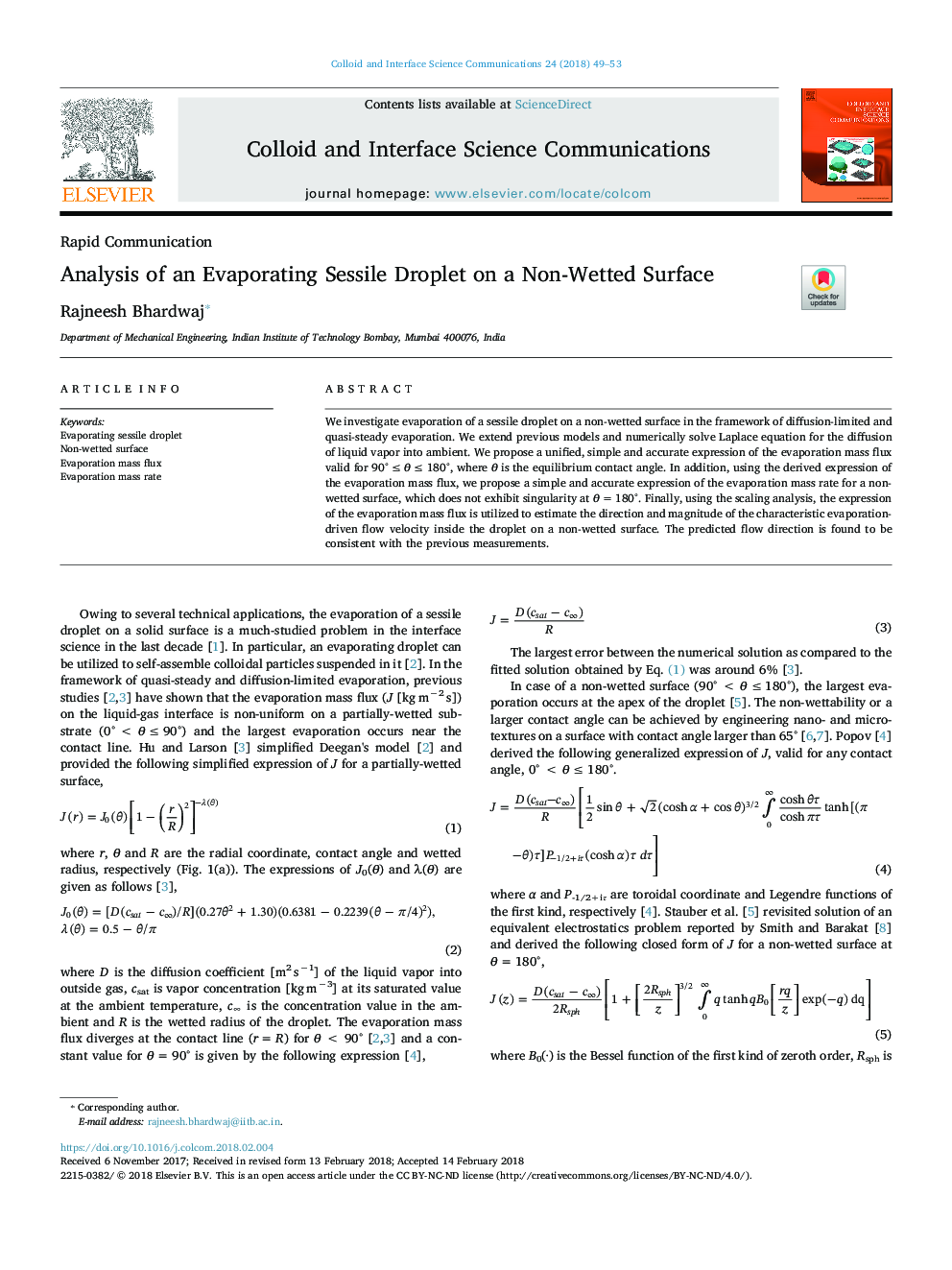 Analysis of an Evaporating Sessile Droplet on a Non-Wetted Surface