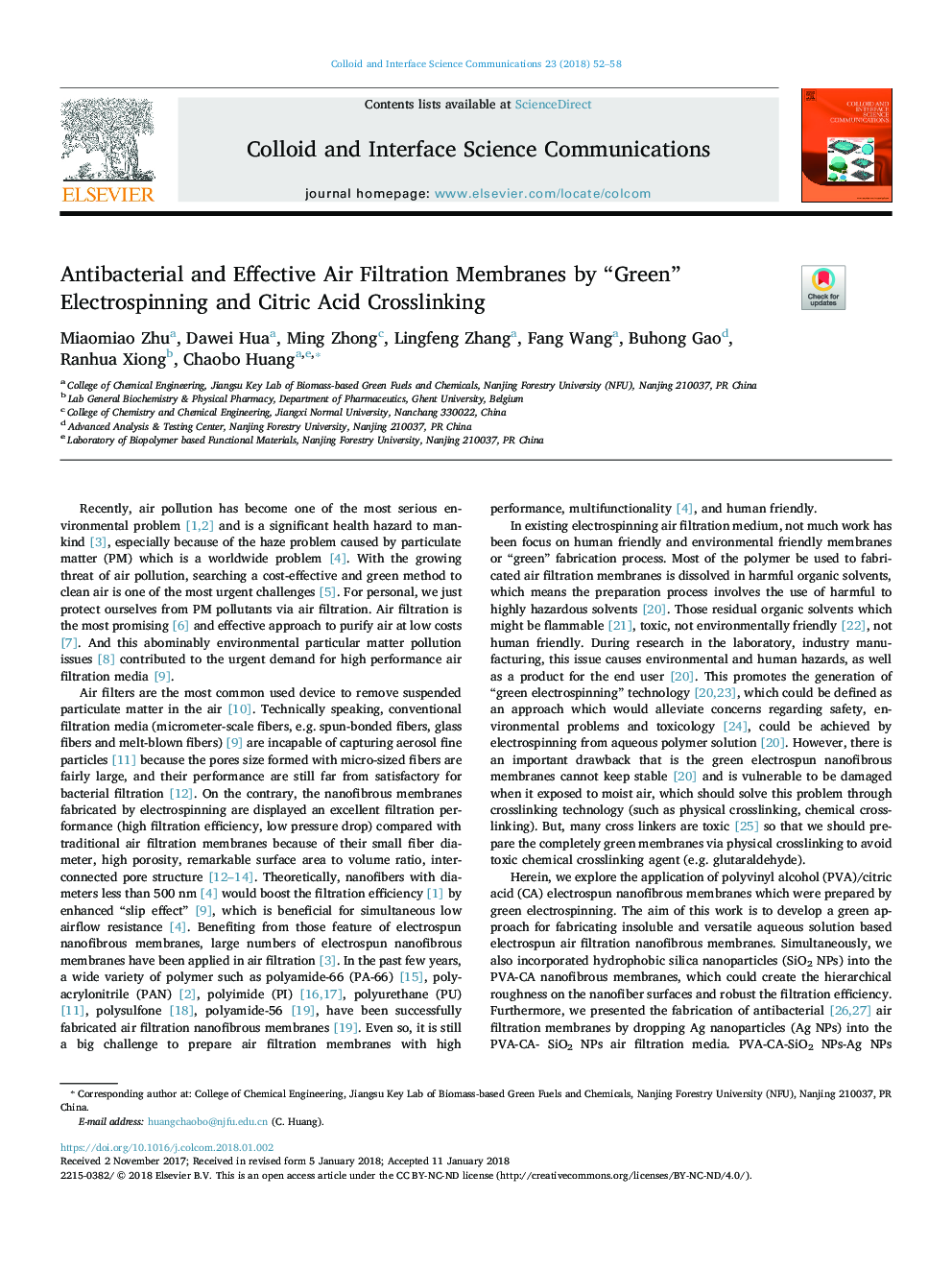 Antibacterial and Effective Air Filtration Membranes by “Green” Electrospinning and Citric Acid Crosslinking