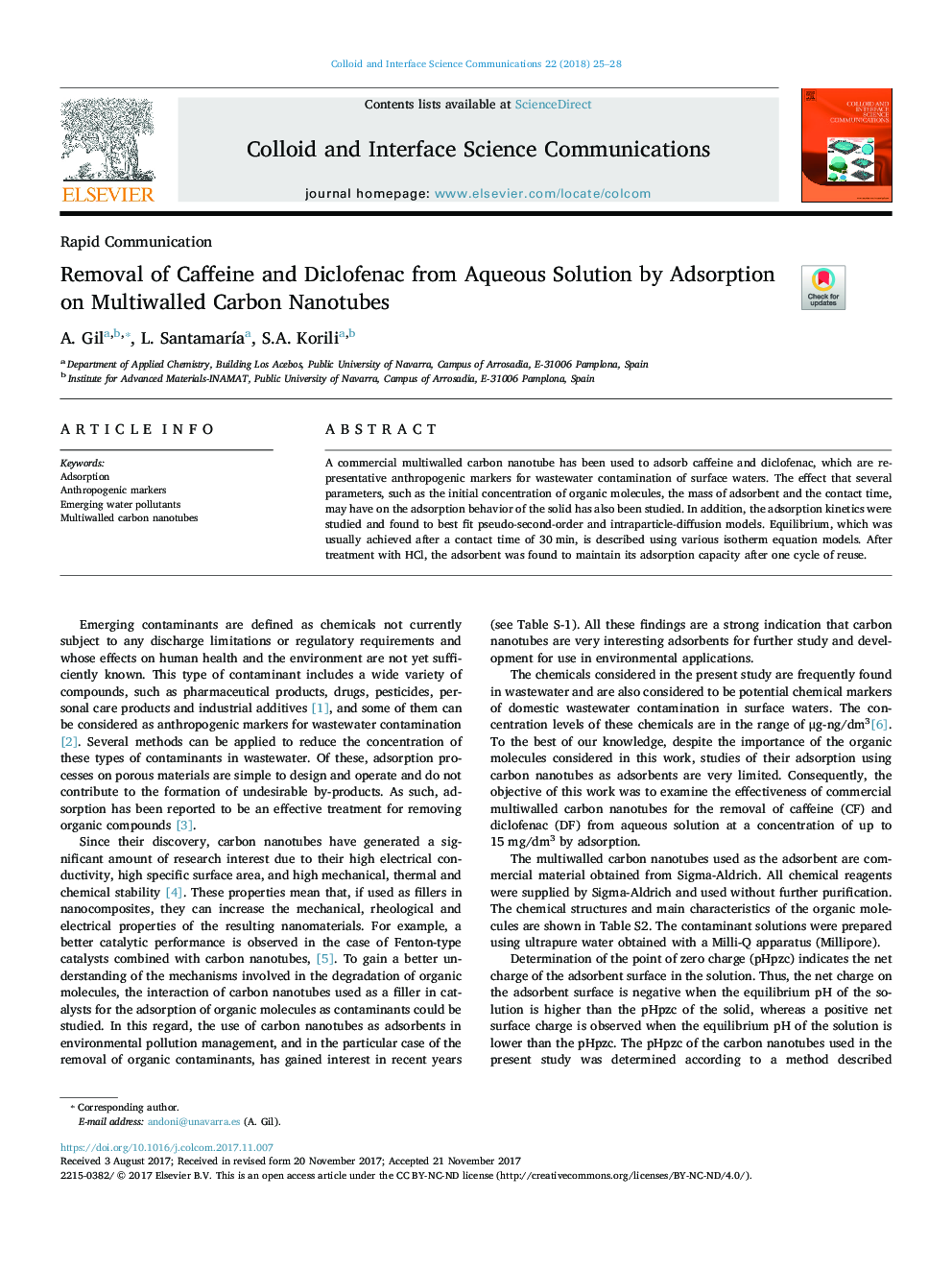 Removal of Caffeine and Diclofenac from Aqueous Solution by Adsorption on Multiwalled Carbon Nanotubes