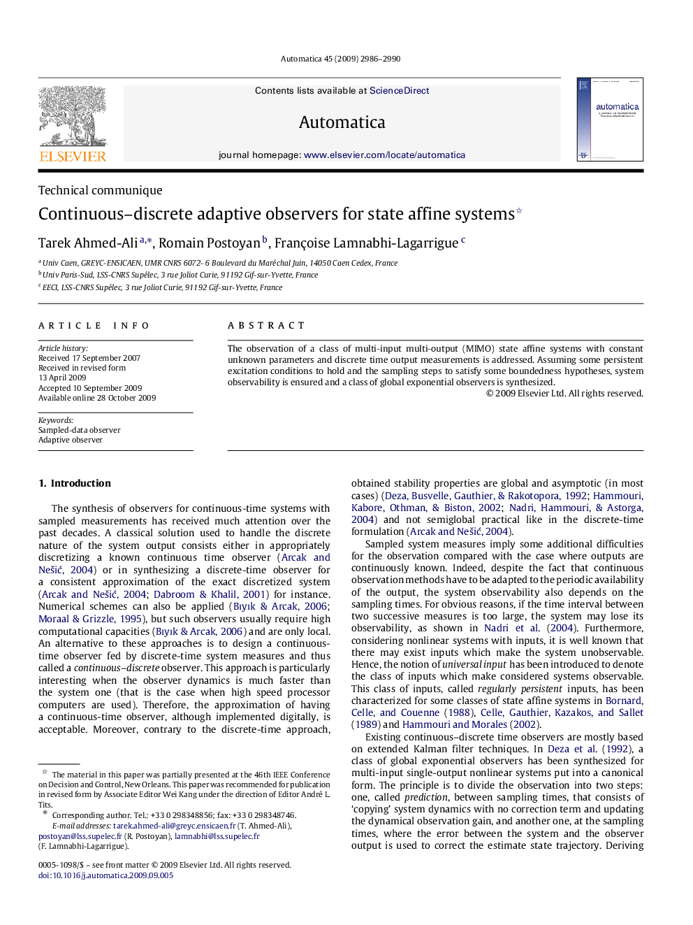 Continuous–discrete adaptive observers for state affine systems 