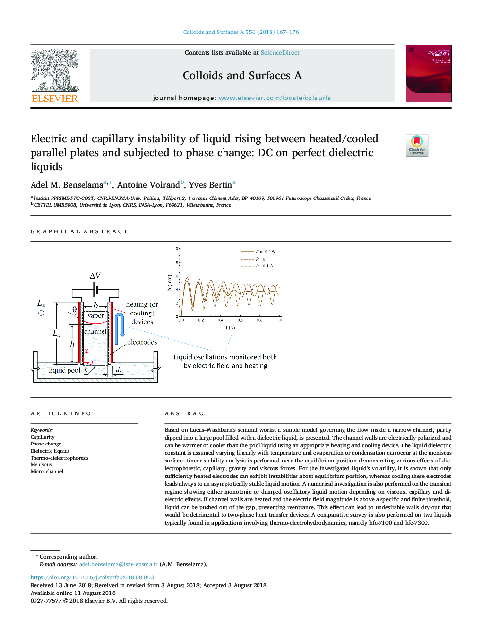Electric and capillary instability of liquid rising between heated/cooled parallel plates and subjected to phase change: DC on perfect dielectric liquids
