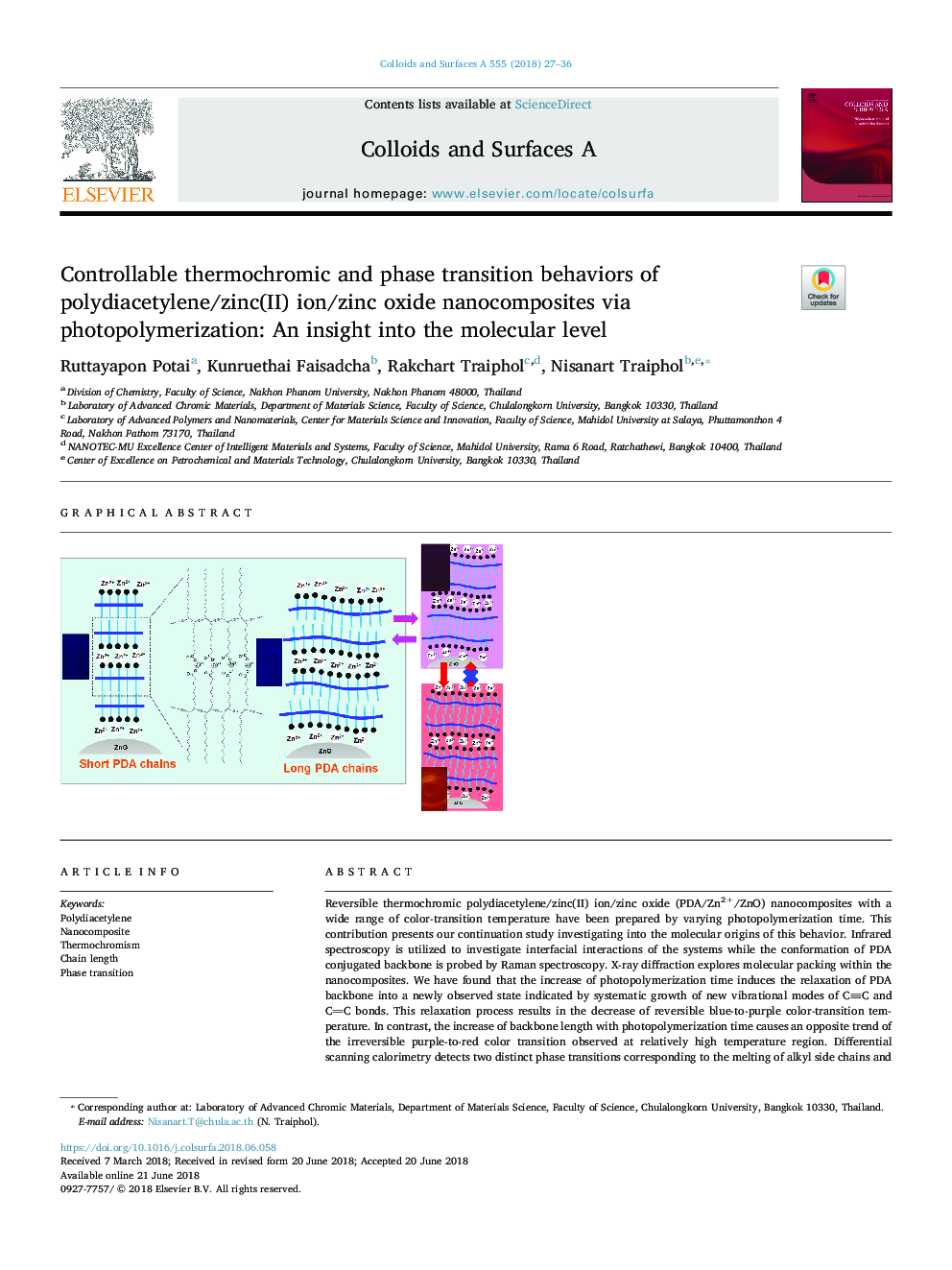 Controllable thermochromic and phase transition behaviors of polydiacetylene/zinc(II) ion/zinc oxide nanocomposites via photopolymerization: An insight into the molecular level