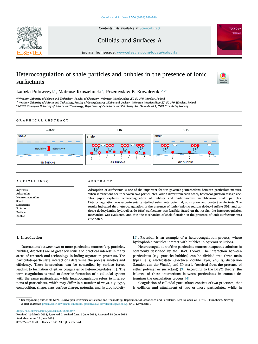 Heterocoagulation of shale particles and bubbles in the presence of ionic surfactants